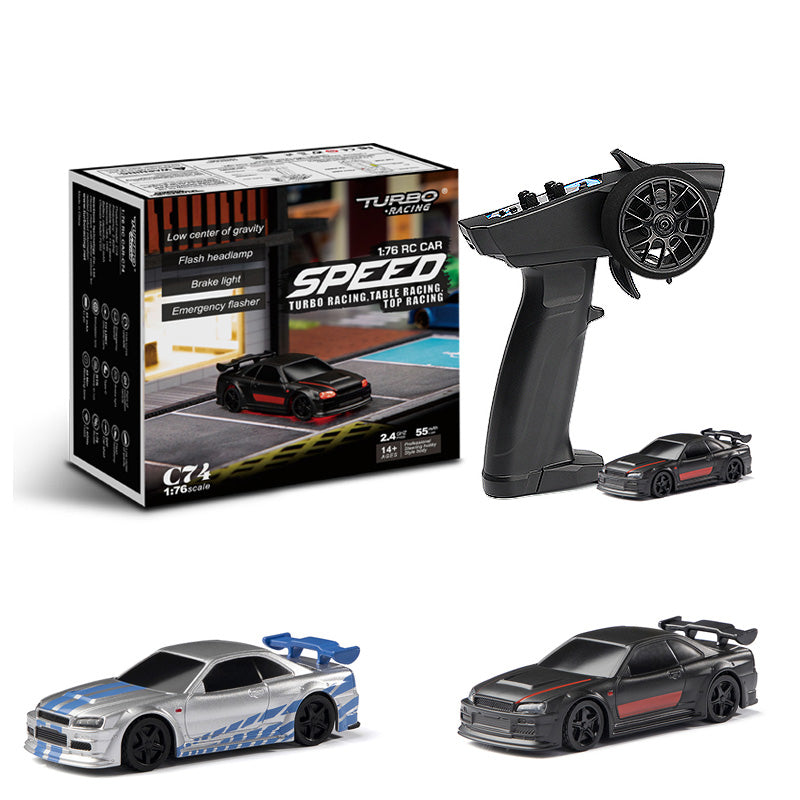 Mini RC Drift Car 1:76 Scale Skyline GT-R C74 - Remote Control, LED Lights & Extreme Drifting